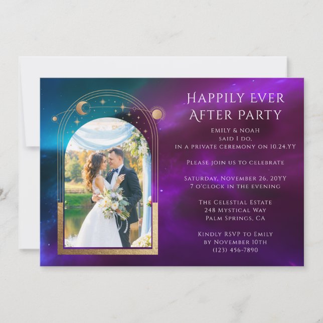 Cosmic Purple Happily Ever After Wedding Reception Invitation (Front)