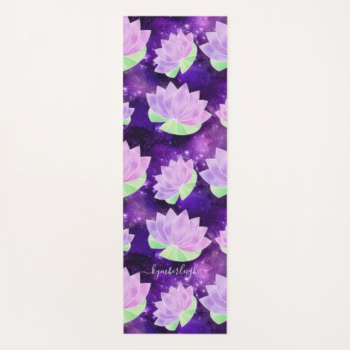 Cosmic Purple Lotus Flower Pattern Monogram Name Yoga Mat