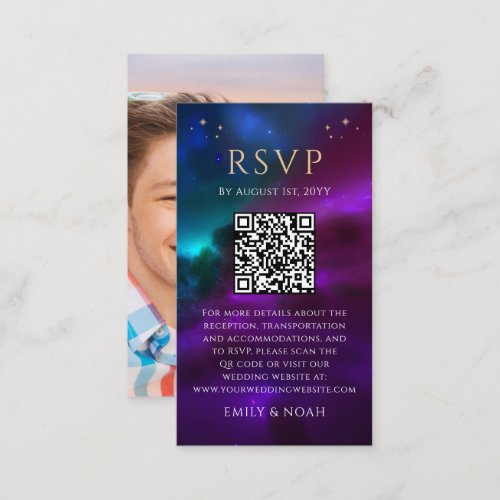 Cosmic Purple Teal Budget QR Code RSVP Photo Enclosure Card