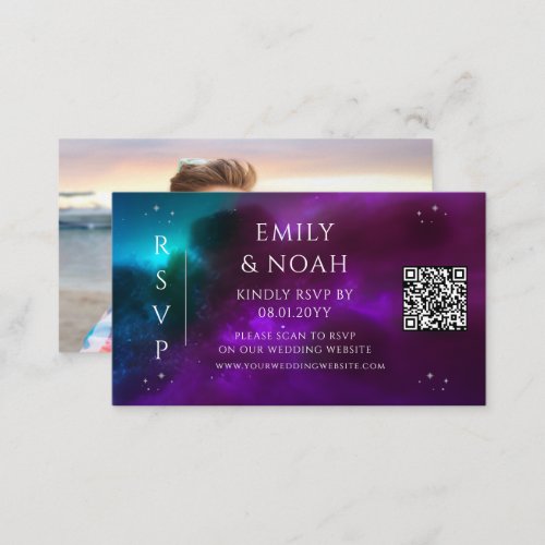 Cosmic Purple Teal Budget QR Code RSVP Photo Enclosure Card