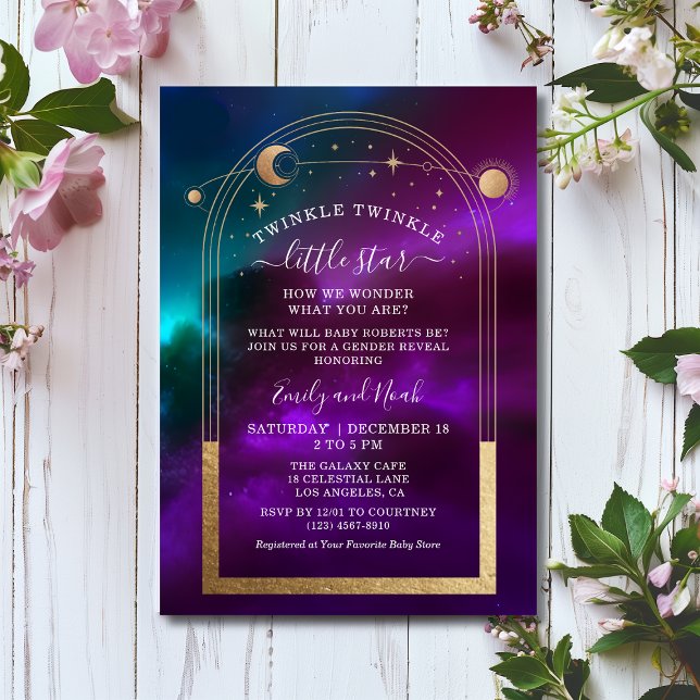 Cosmic Purple Teal Gold Celestial Baby Shower Invitation (Creator Uploaded)