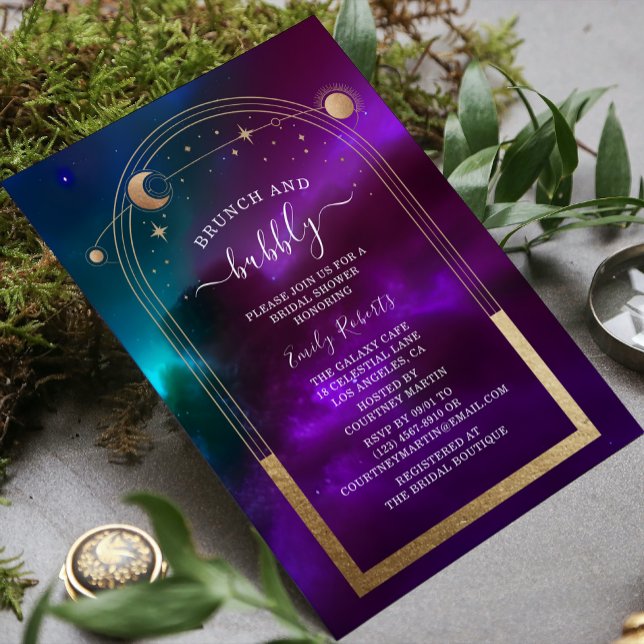 Cosmic Purple Teal Gold Celestial Bridal Shower Invitation (Creator Uploaded)