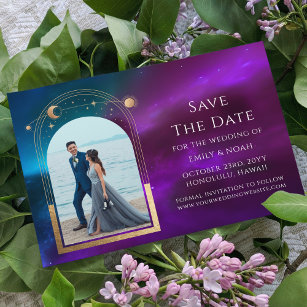 Cosmic Purple Teal Gold Sun Moon Astronomy Space Save The Date
