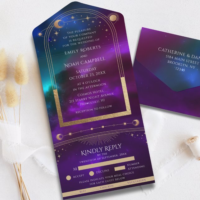Cosmic Purple Teal Gold Sun Moon Astronomy Wedding All In One Invitation (Creator Uploaded)