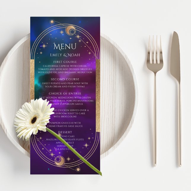 Cosmic Purple Teal Gold Sun Moon Astronomy Wedding Menu (Creator Uploaded)