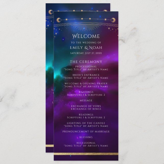 Cosmic Purple Teal Gold Sun Moon Astronomy Wedding Program (Front/Back)