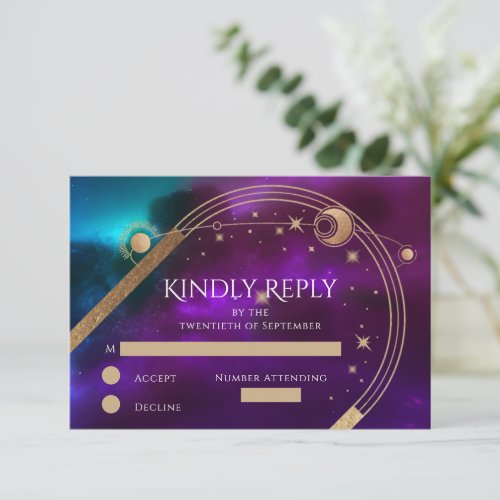 Cosmic Purple Teal Gold Sun Moon Astronomy Wedding RSVP Card