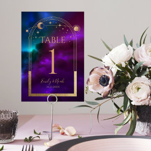 Cosmic Purple Teal Gold Sun Moon Astronomy Wedding Table Number