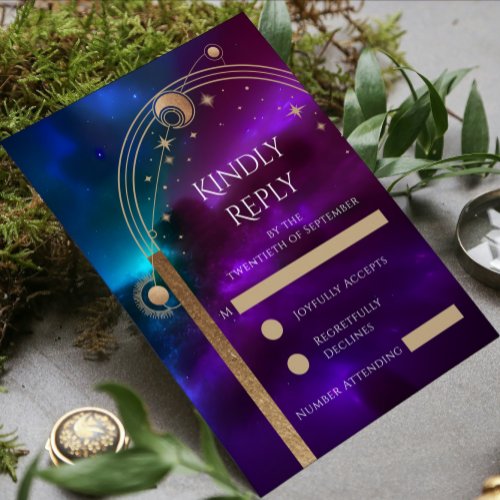 Cosmic Purple Teal Gold Sun Moon Star Wedding RSVP Card