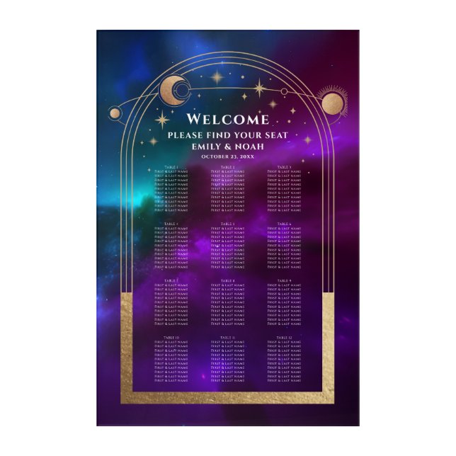Cosmic Purple Teal Gold Sun Moon Stars Wedding Acrylic Print (Front)