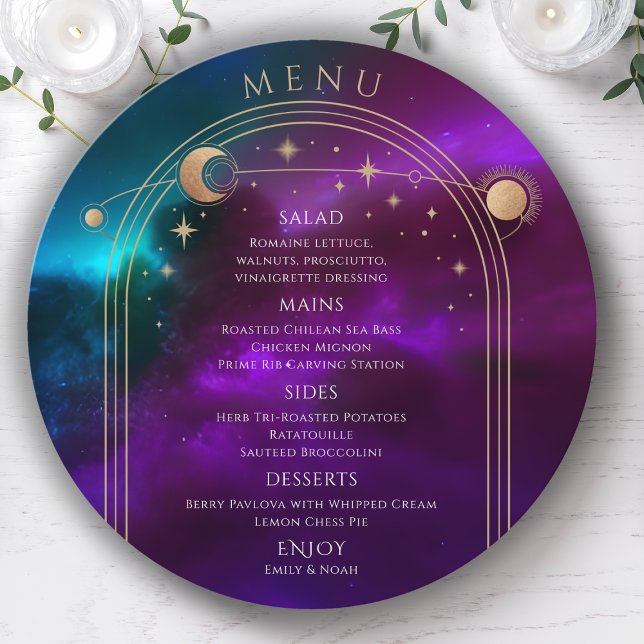 Cosmic Purple Teal Gold Sun Moon Stars Wedding Menu (Creator Uploaded)