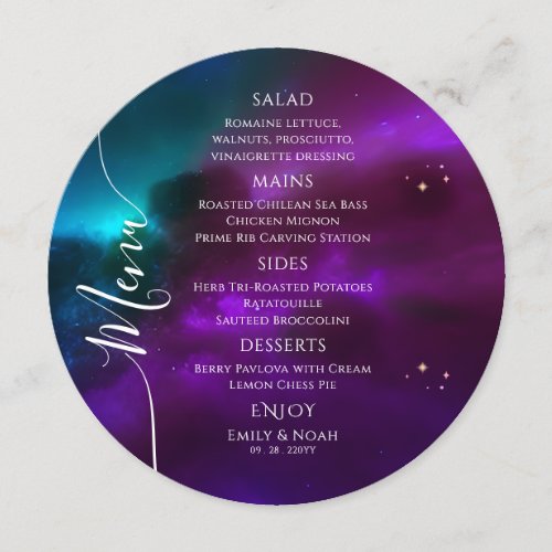 Cosmic Purple Teal Gold Sun Moon Stars Wedding Menu