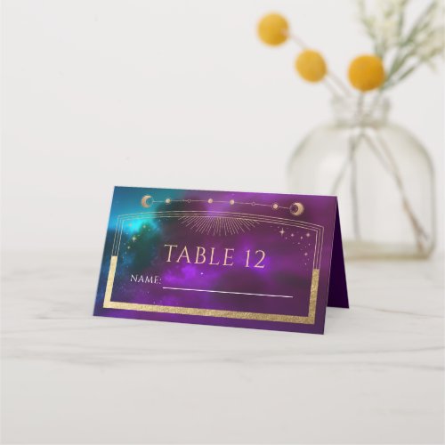 Cosmic Purple Teal Gold Sun Moon Stars Wedding Place Card