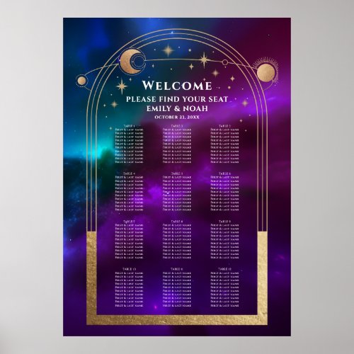 Cosmic Purple Teal Gold Sun Moon Stars Wedding Poster