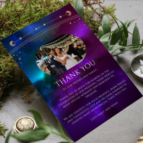 Cosmic Purple Teal Gold Sun Photo Mystical Wedding Thank You Card