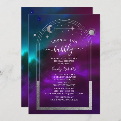 Cosmic Purple Teal Silver Celestial Bridal Shower Invitation