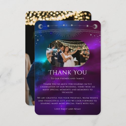 Cosmic Purple Teal Silver Photo Mystical Wedding Thank You Card