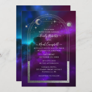 Cosmic Purple Teal Silver Sun Moon Astronomy Space Invitation