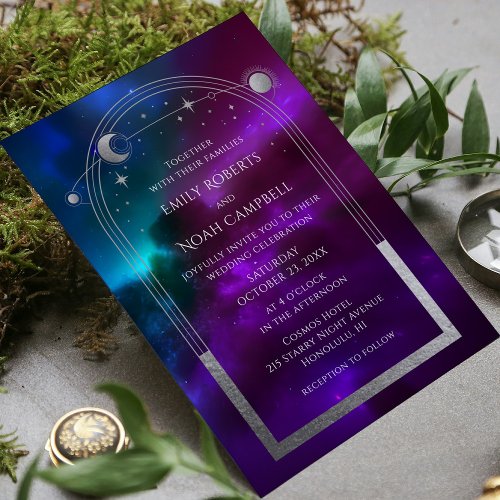 Cosmic Purple Teal Silver Sun Moon Astronomy Space Invitation