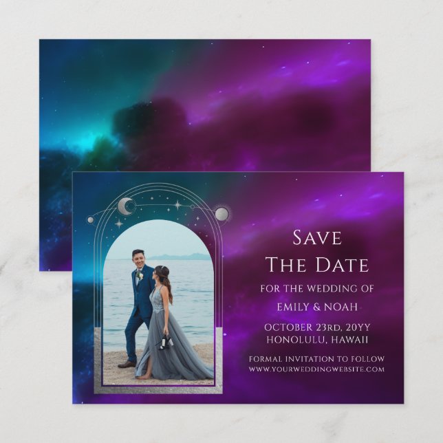 Cosmic Purple Teal Silver Sun Moon Astronomy Space Save The Date (Front/Back)