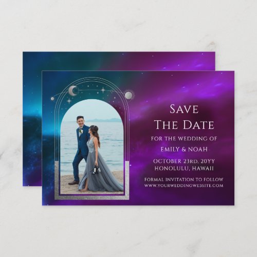 Cosmic Purple Teal Silver Sun Moon Astronomy Space Save The Date