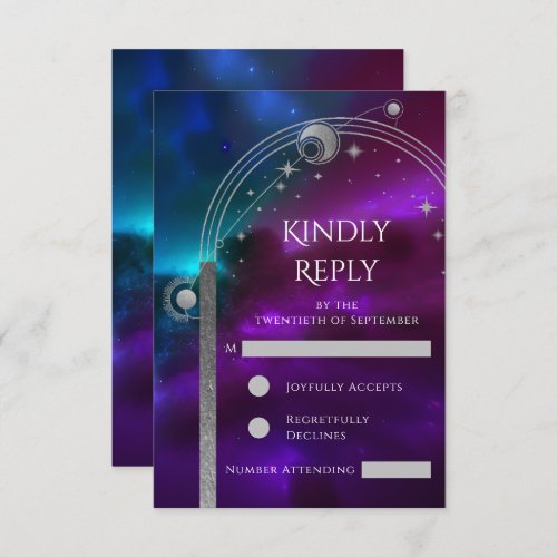 Cosmic Purple Teal Silver Sun Moon Star Wedding RSVP Card