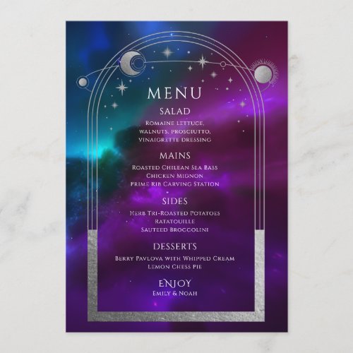 Cosmic Purple Teal Silver Sun Moon Stars Wedding Menu