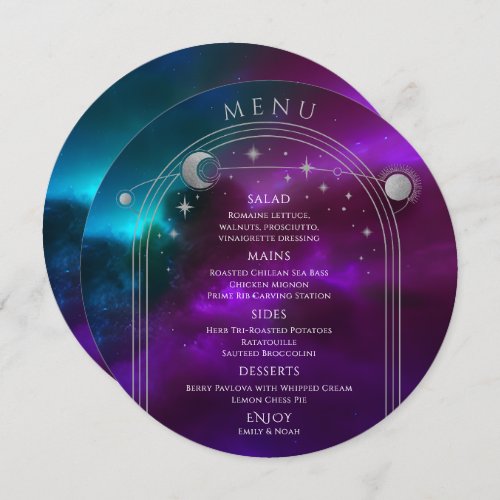 Cosmic Purple Teal Silver Sun Moon Stars Wedding Menu