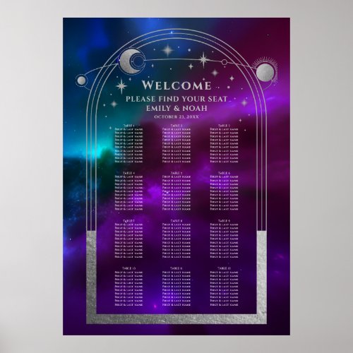 Cosmic Purple Teal Silver Sun Moon Stars Wedding Poster