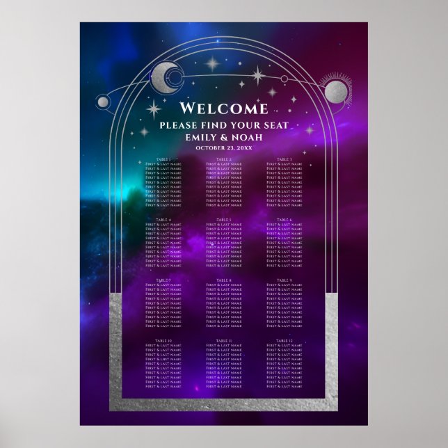 Cosmic Purple Teal Silver Sun Moon Stars Wedding Poster (Front)