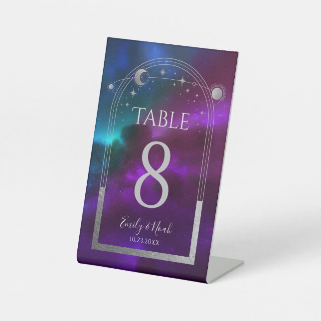 Cosmic Purple Teal Silver Sun Moon Wedding Pedestal Sign (Front)