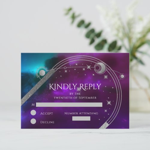 Cosmic Purple Teal Silver Sun Moon Wedding RSVP Card