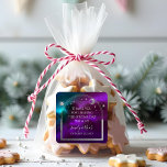 Cosmic Purple Teal Silver Sun Moon Wedding Square Sticker<br><div class="desc">Cosmic Purple Teal Silver Sun Moon Astronomy Wedding Favor Stickers features silver sun, moon and stars with a silver frame on a colorful mystical purple, teal and blue cosmic background. Personalized with a "Thank You" message. Perfect for wedding and party favors. Personalize by editing the text in the text boxes...</div>
