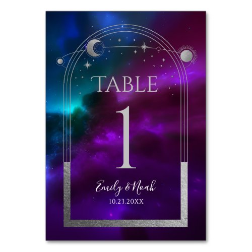 Cosmic Purple Teal Silver Sun Moon Wedding Table Number