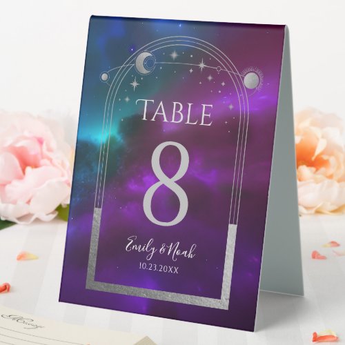 Cosmic Purple Teal Silver Sun Moon Wedding Table Tent Sign