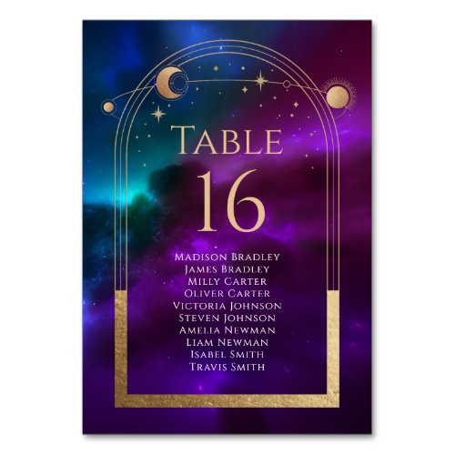 Cosmic Purple Teal Sun Moon Astronomy Wedding Table Number