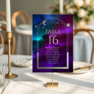 Cosmic Purple Teal Sun Moon Astronomy Wedding Table Number