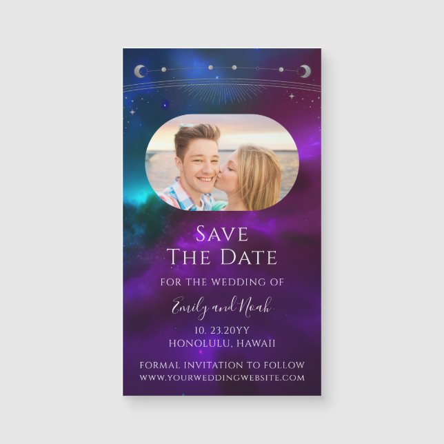 Cosmic Purple Teal Sun Moon Star Save The Date (Front)