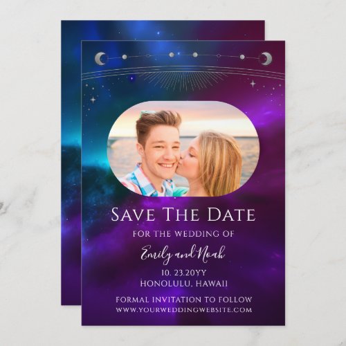 Cosmic Purple Teal Sun Moon Star Space Save The Date