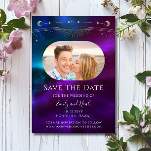 Cosmic Purple Teal Sun Moon Star Space Save The Date