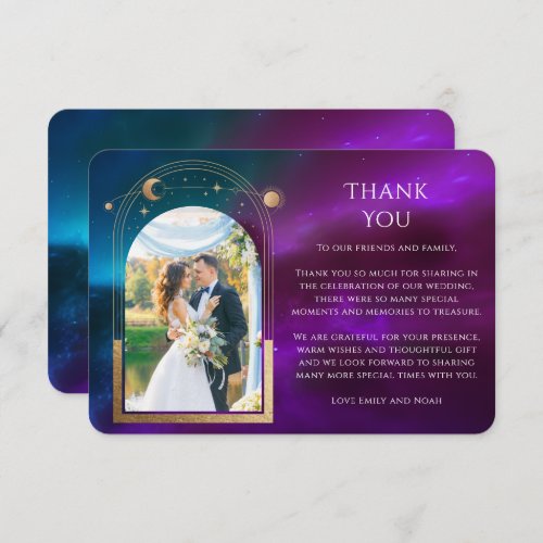 Cosmic Purple Teal Sun Moon Stars Photo Wedding Thank You Card