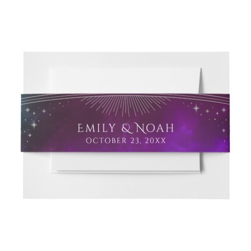 Cosmic Purple Teal Sun Moon Stars Wedding Invitation Belly Band