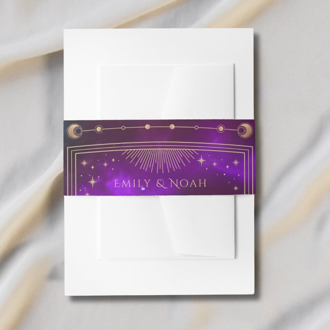 Cosmic Purple Teal Sun Moon Stars Wedding Invitation Belly Band (Creator Uploaded)