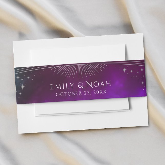 Cosmic Purple Teal Sun Moon Stars Wedding Invitation Belly Band (Creator Uploaded)