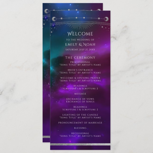 Cosmic Purple Teal Sun Moon Stars Wedding Program (Front/Back)
