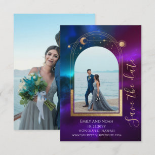 Cosmic Purple Teal Sun Moon Stars Wedding Save The Date