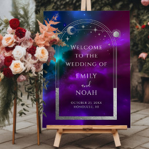 Cosmic Purple Teal Sun Moon Stars Welcome Sign