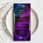 Cosmic Purple Teal Sun Moon Wedding Menu Cards<br><div class="desc">Cosmic Purple Teal Silver Sun Moon Stars Wedding Menu Cards features a silver sun, moon and stars on a celestial background with your menu details in the center in modern silver calligraphy script. Personalize by editing the text in the text boxes provided. Designed for you by © Evco Studio www.zazzle.com/store/evcostudio...</div>
