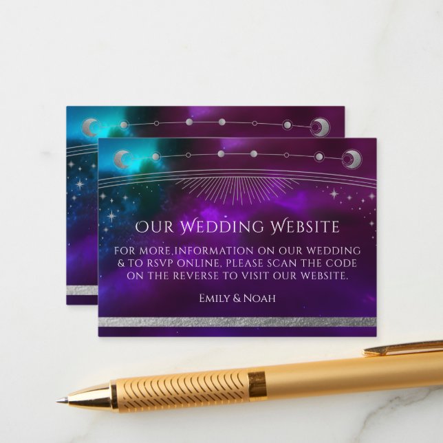 Cosmic Purple Teal Wedding Website RSVP QR Code Enclosure Card (Front/Back In Situ)