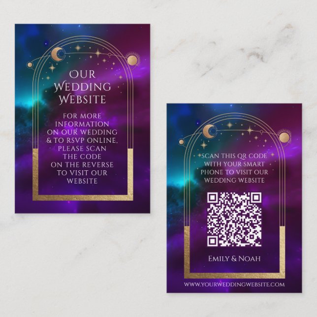 Cosmic Purple Teal Wedding Website RSVP QR Code Enclosure Card (Front/Back)